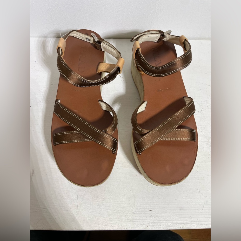 PRADA Women’s Brown Satin Wedge Sandal Size 37 1/2 IT. US Size 7 1/2